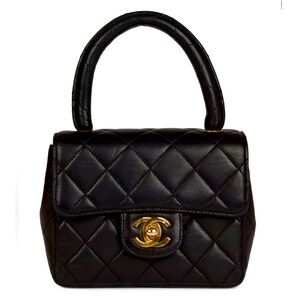 CHANEL Vintage Micro Kelly Child Flap Bag Black Lambskin Leather Gold Hardware